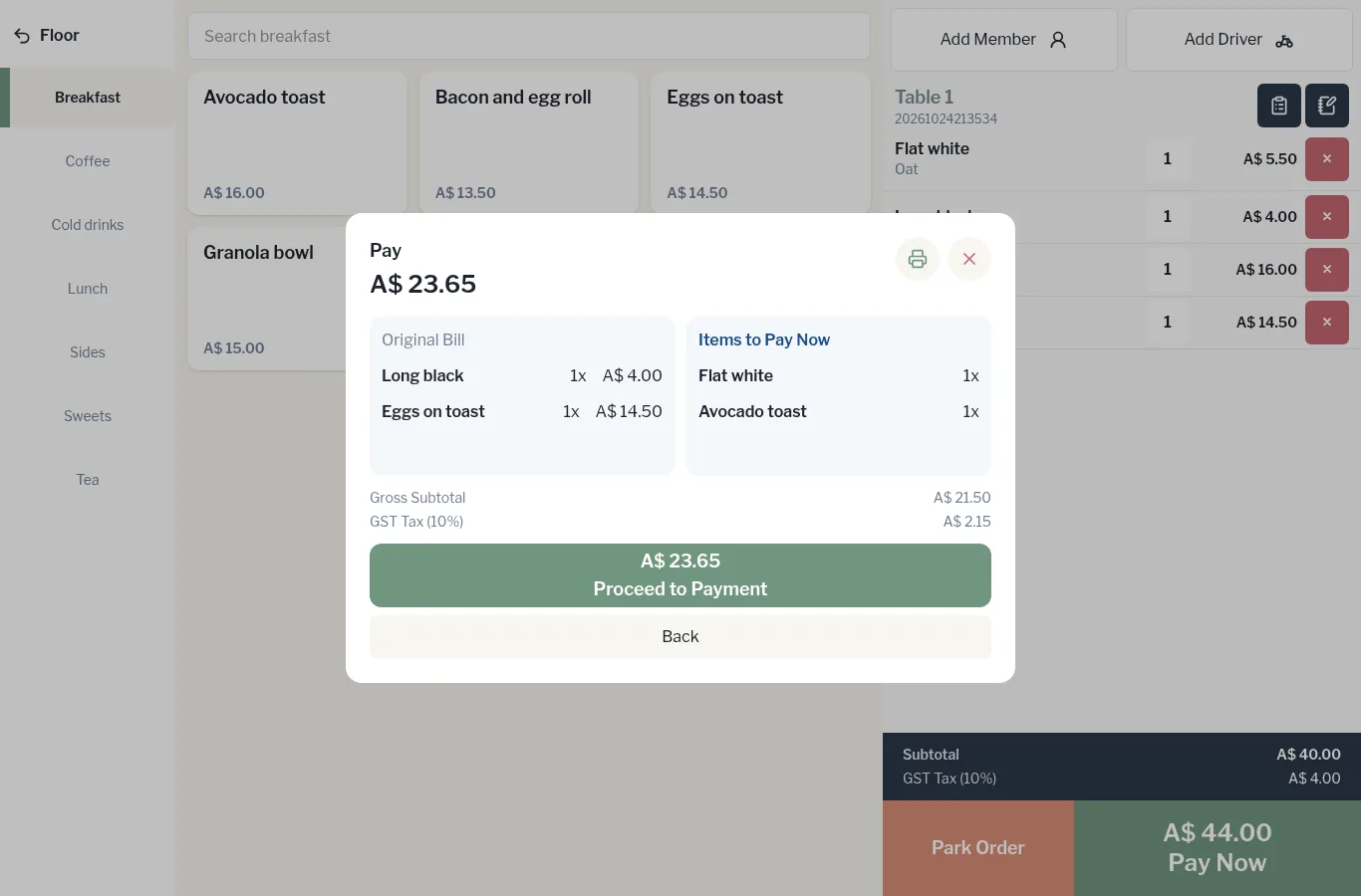 Moving items to pay now