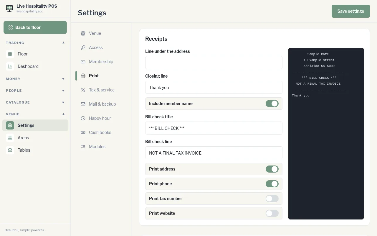 Receipt settings with preview